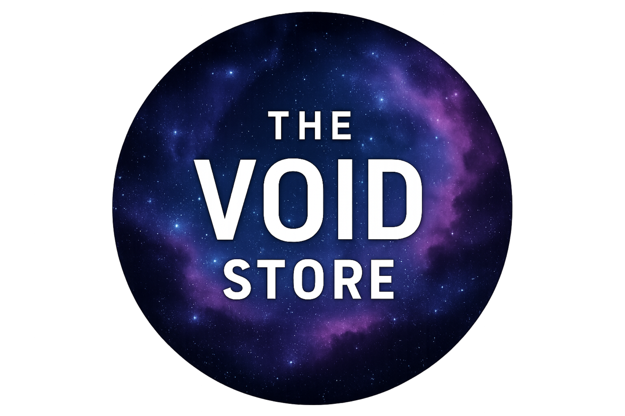 Make a circular logo that has the words "THE VOID STORE" and has a galaxy background.